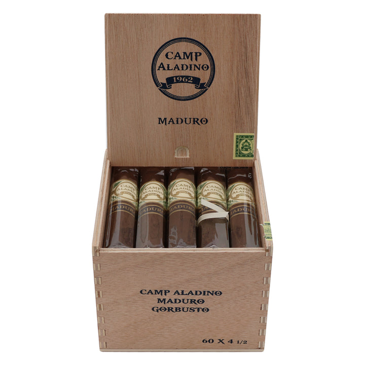Open box of 20 Camp Aladino Maduro Gorbusto cigars