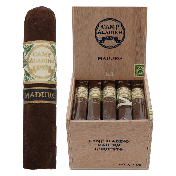 Camp Aladino Maduro Gorbusto cigar, 4.5 × 60, with Maduro wrapper, beside its open box of 20