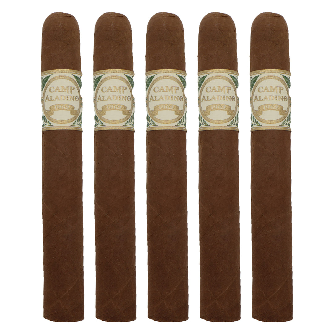 Five Camp Aladino Toro cigars, 6 × 52, lined up side by side