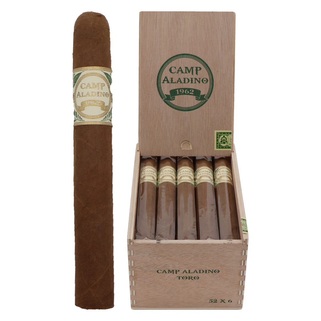Camp Aladino Toro cigar, 6 × 52, beside its open box of 20