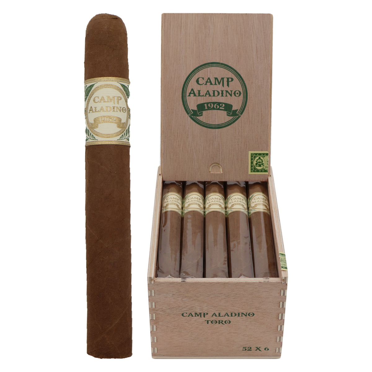 Camp Aladino Toro cigar, 6 × 52, beside its open box of 20