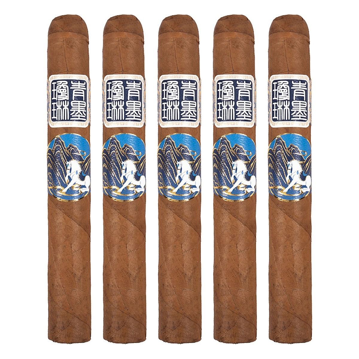 Five ChiMolly Dynasty Robusto E cigars, 6.0 × 52, lined up side by side