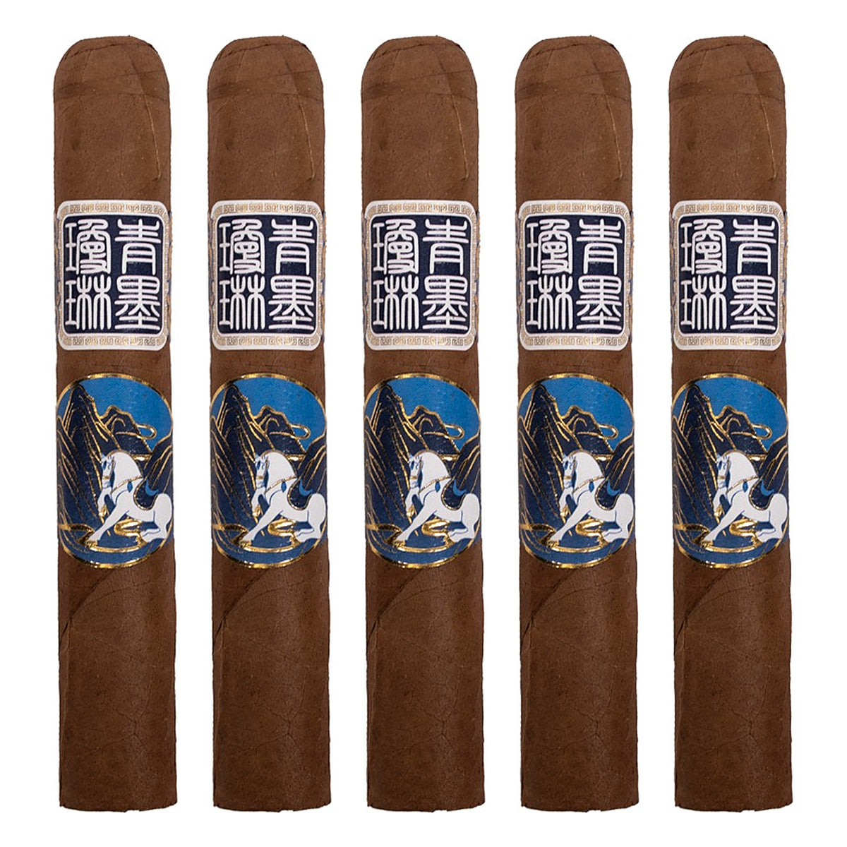 Five ChiMolly Dynasty Robusto cigars, 5.0 × 50, lined up side by side