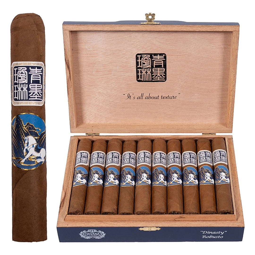 ChiMolly Dynasty Robusto cigar, 5.0 × 50, with Ecuadorian Corojo wrapper, beside its open box of 20