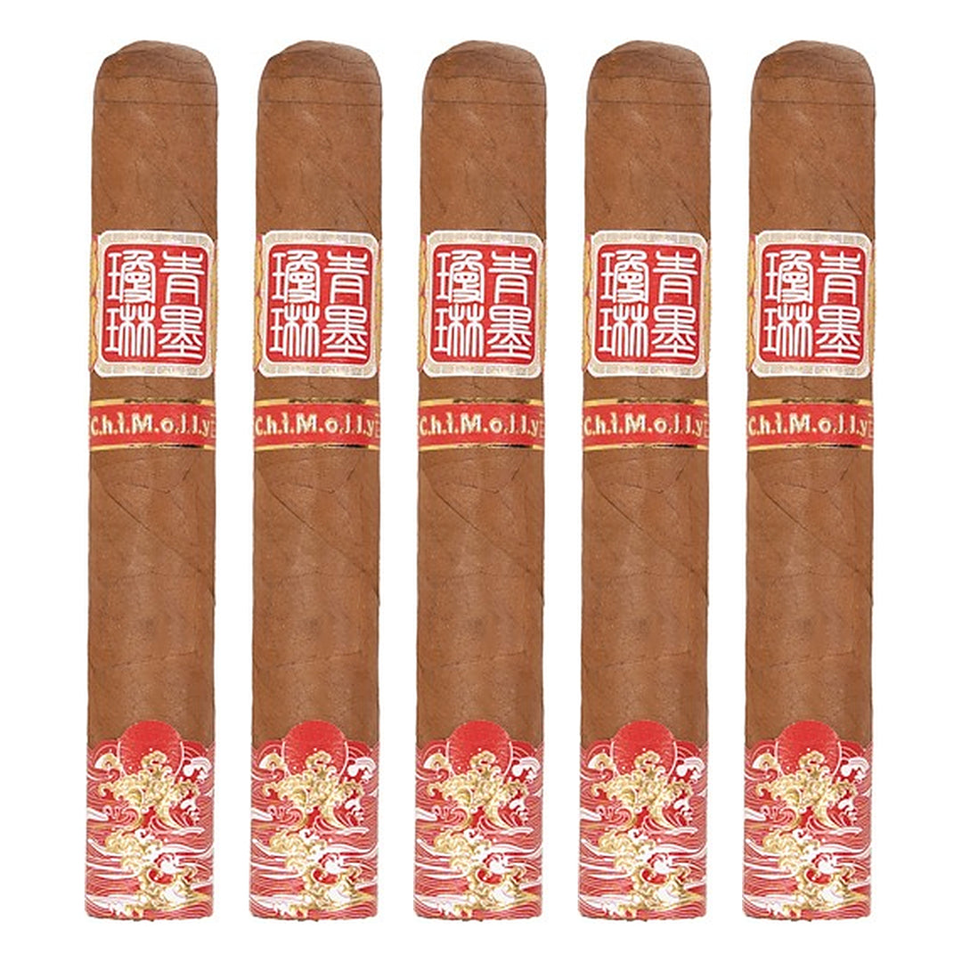 Five ChiMolly Pangu Robusto E cigars, 5.5 × 52, lined up side by side