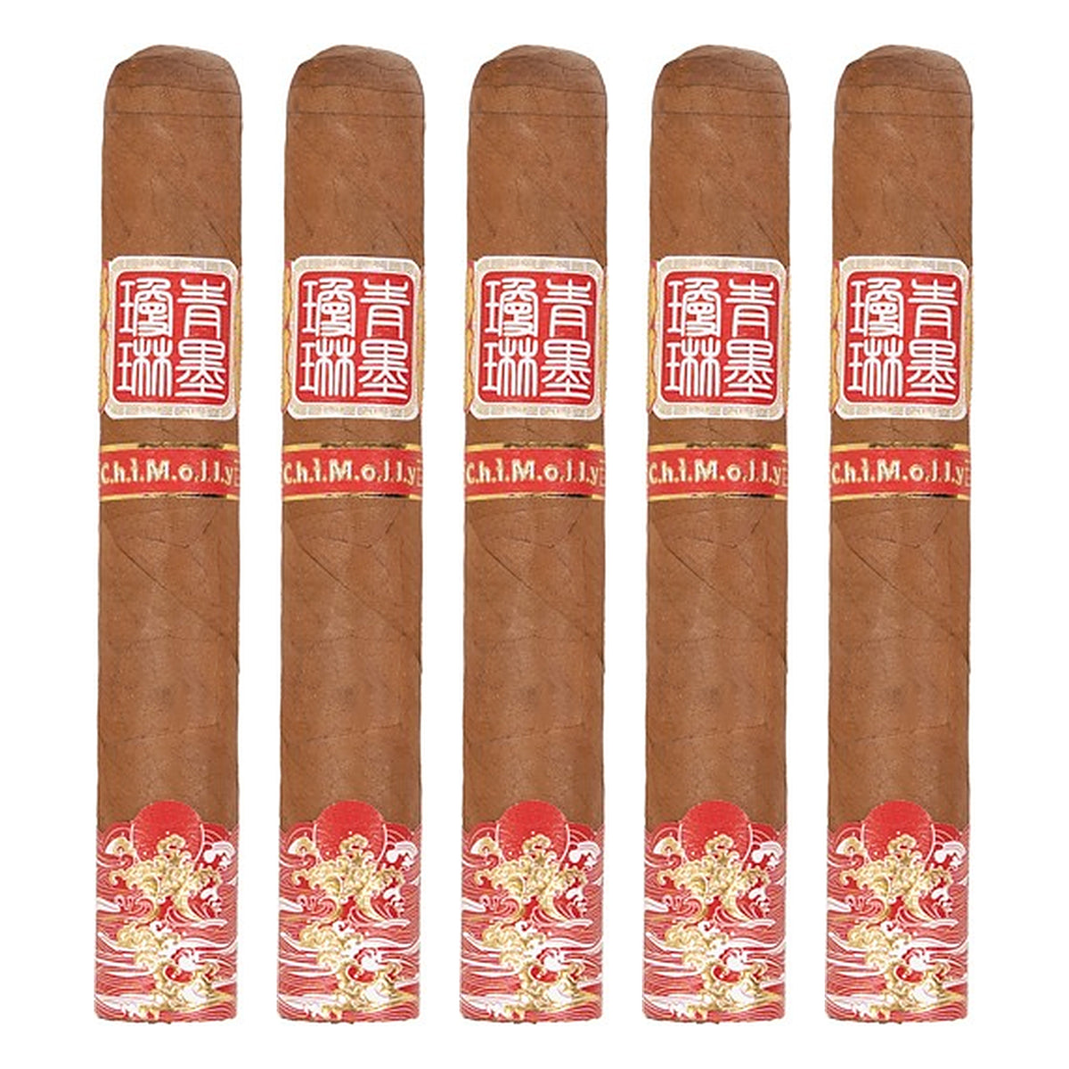 Five ChiMolly Pangu Robusto E cigars, 5.5 × 52, lined up side by side