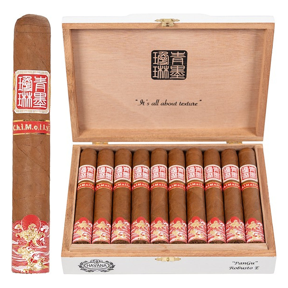 ChiMolly Pangu Robusto E cigar, 5.5 × 52, with Ecuadorian Habano wrapper, beside its open box of 20