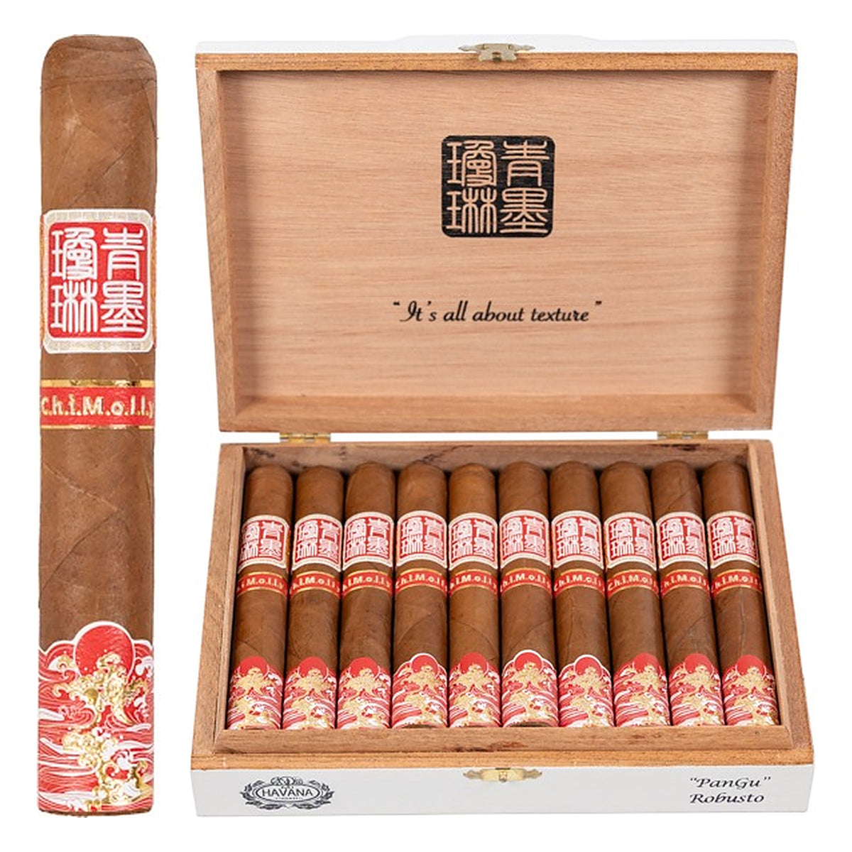 ChiMolly Pangu Robusto cigar, 5.0 × 47, with Ecuadorian Habano wrapper, beside its open box of 20