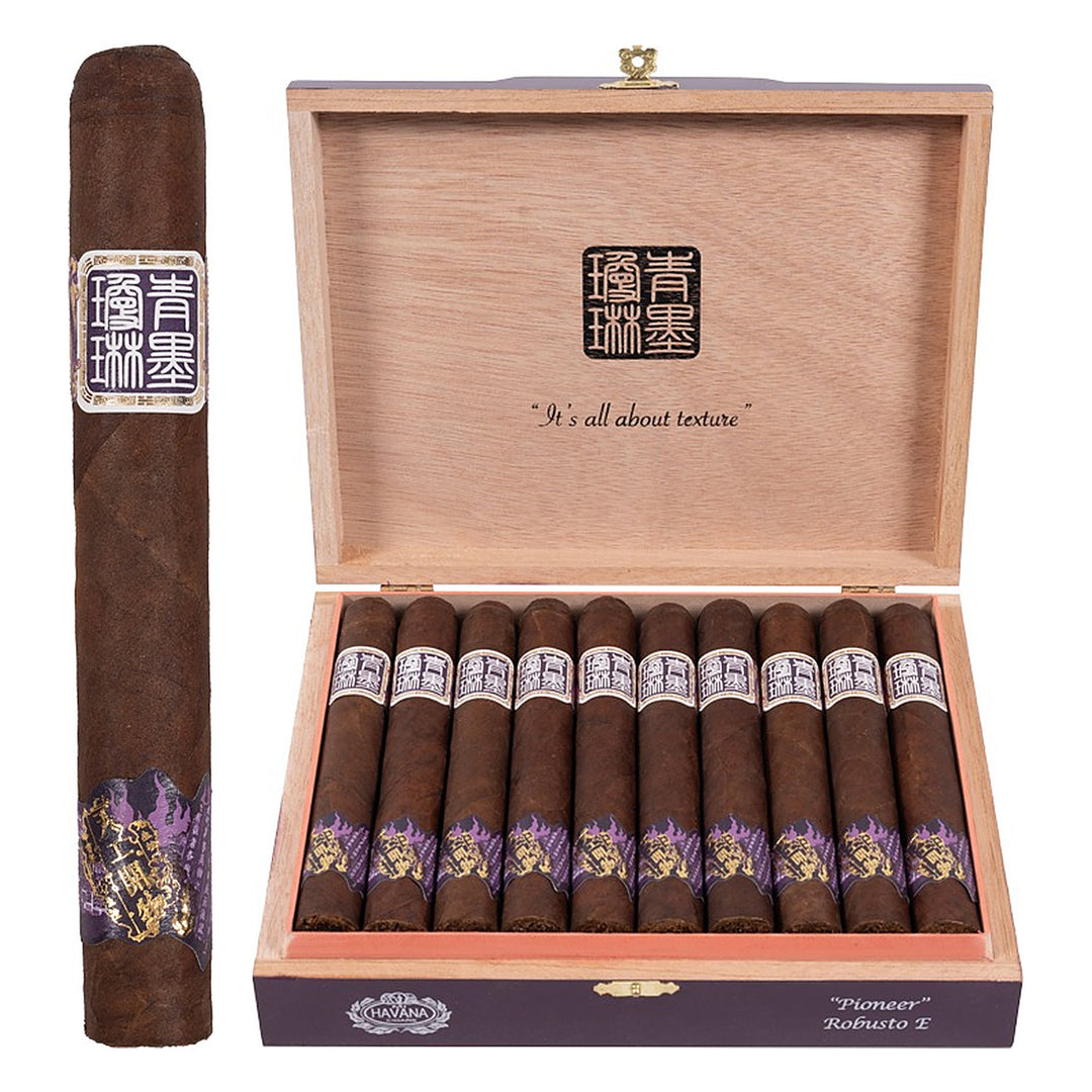 ChiMolly Pioneer Robusto E cigar, 6.0 × 52, with USA Connecticut Broadleaf wrapper, beside its open box of 20