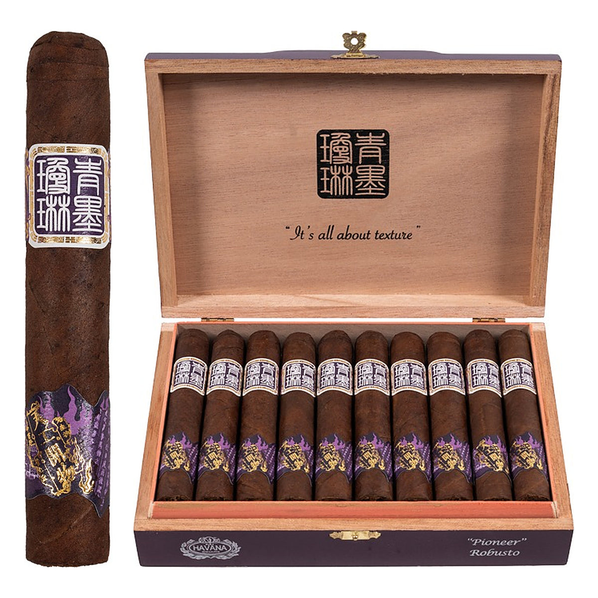 ChiMolly Pioneer Robusto cigar, 5.0 × 50, with USA Connecticut Broadleaf wrapper, beside its open box of 20