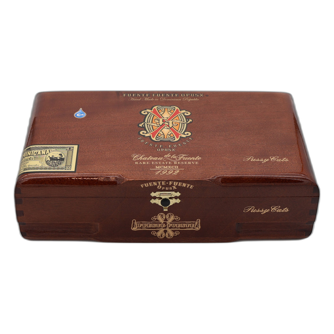 Closed box of Fuente Fuente Opus X Pussy Cats premium cigars with original branded packaging.