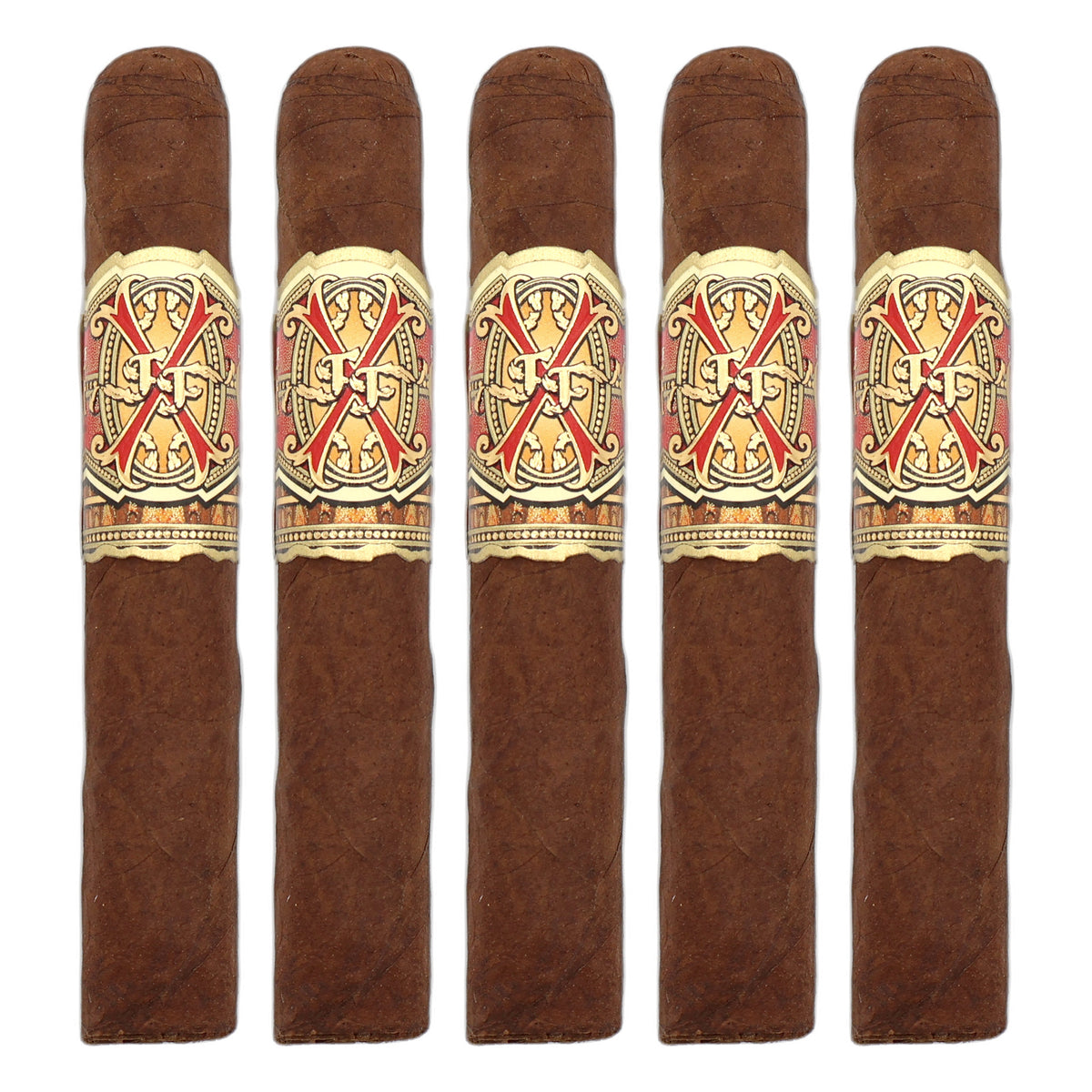 Five Fuente Fuente Opus X Pussy Cats premium cigars displayed together on a white background.