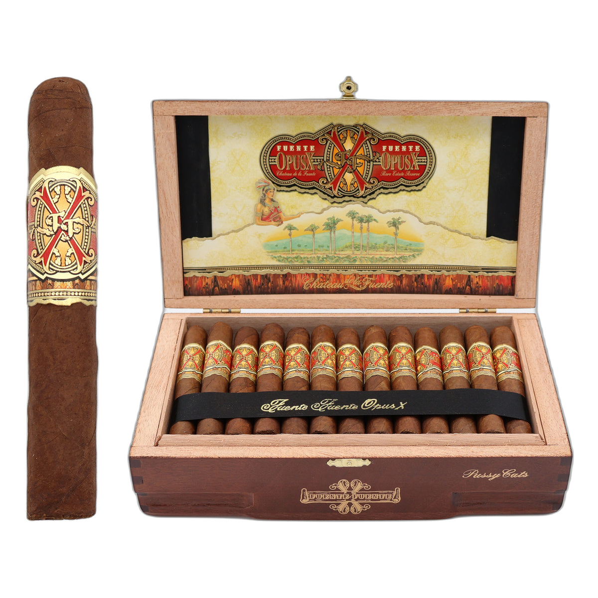 Fuente Fuente Opus X Pussy Cats premium cigars in an open box with a single cigar displayed beside the box.