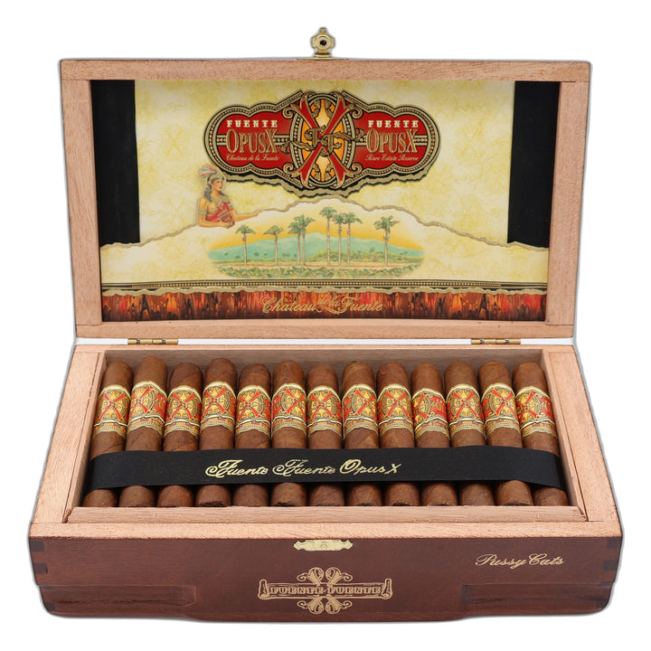 Open box of Fuente Fuente Opus X Pussy Cats premium cigars showing the full presentation and cigars inside.