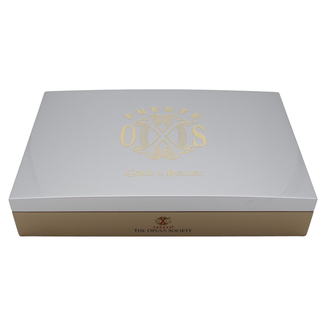 Closed box of Fuente Fuente Opus X Society Gold & Bullet cigars