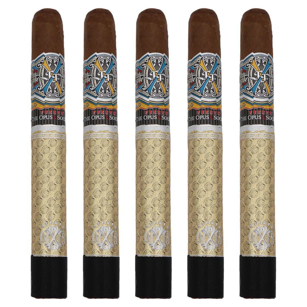 Five Fuente Fuente Opus X Society Gold & Bullet cigars, 6.75 × 50, lined up side by side