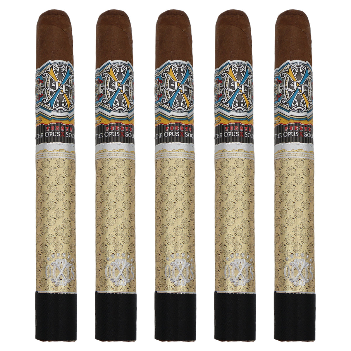Five Fuente Fuente Opus X Society Gold & Bullet cigars, 6.75 × 50, lined up side by side