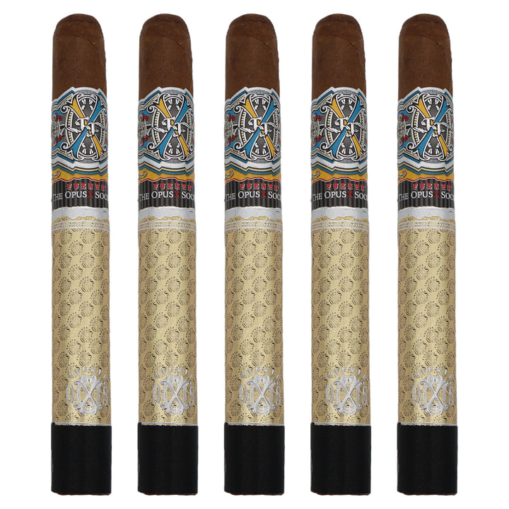 Five Fuente Fuente Opus X Society Gold & Bullet cigars, 6.75 × 50, lined up side by side