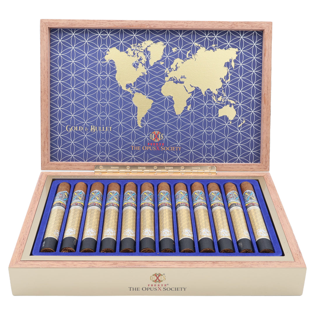Open box of 12 Fuente Fuente Opus X Society Gold & Bullet cigars
