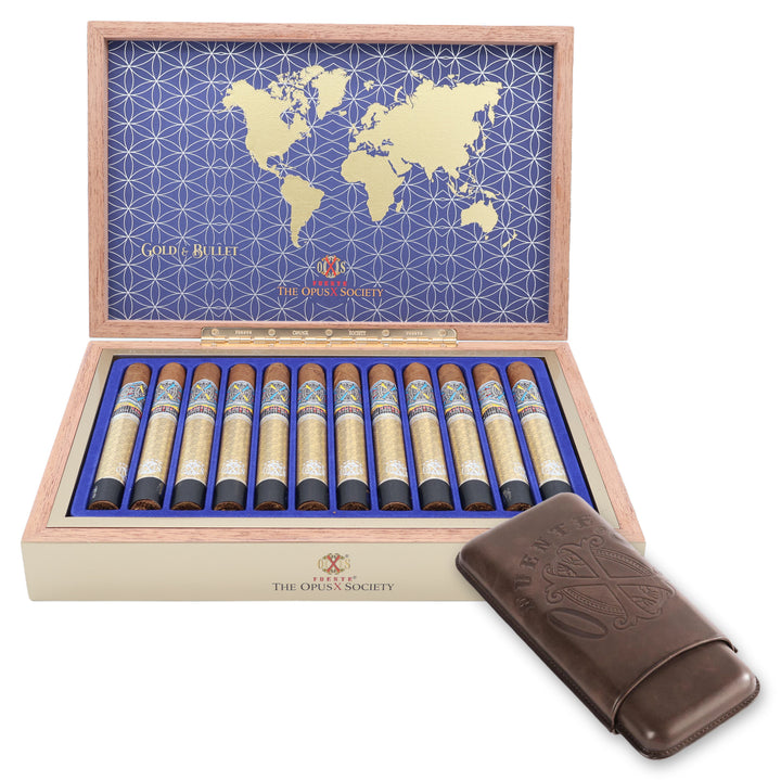 Open box of 12 Fuente Fuente Opus X Society Gold & Bullet cigars with a brown leather Opus X cigar case