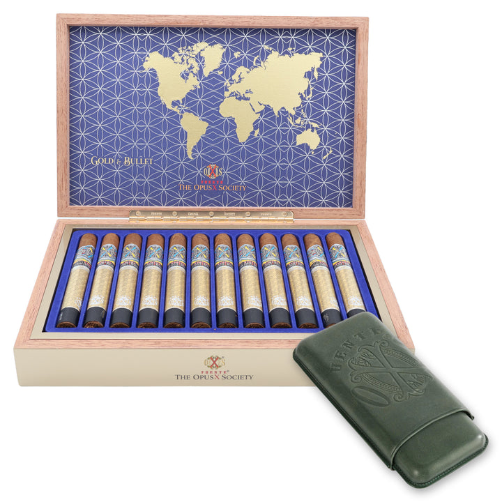 Open box of 12 Fuente Fuente Opus X Society Gold & Bullet cigars with a green leather Opus X cigar case