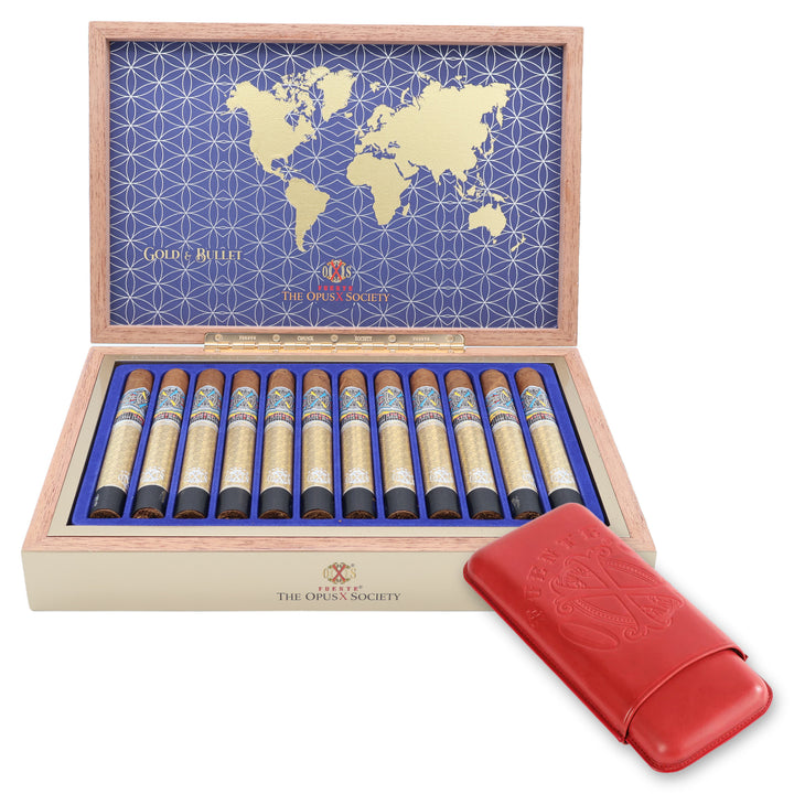 Open box of 12 Fuente Fuente Opus X Society Gold & Bullet cigars with a red leather Opus X cigar case