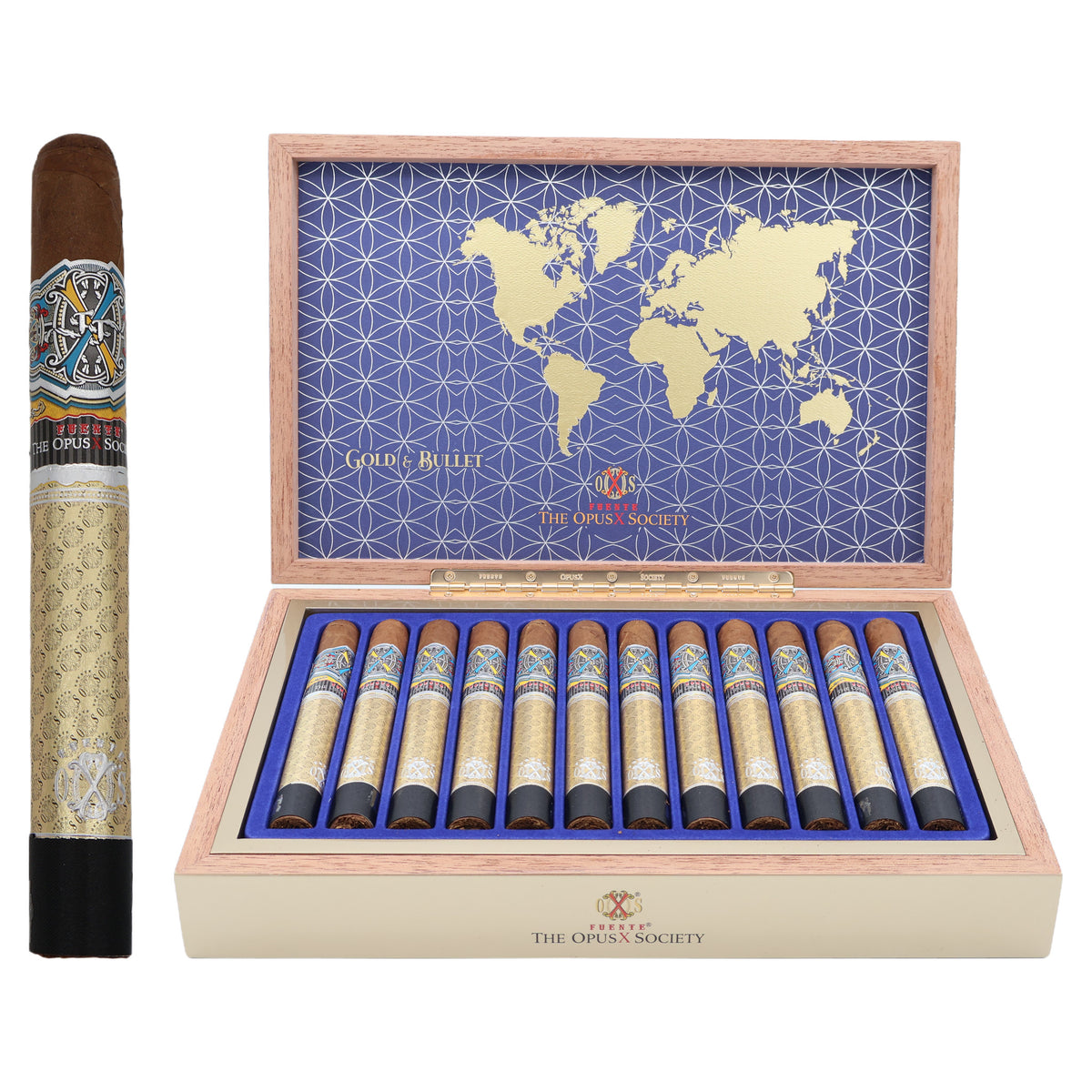 Fuente Fuente Opus X Society Gold & Bullet cigar, 6.75 × 50, in its gold sleeve, beside its open box of 12