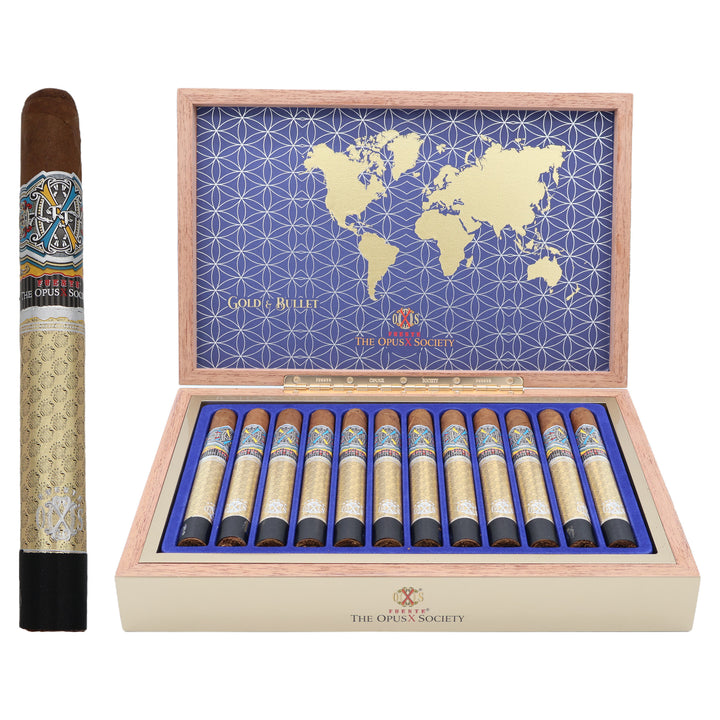Fuente Fuente Opus X Society Gold & Bullet cigar, 6.75 × 50, in its gold sleeve, beside its open box of 12