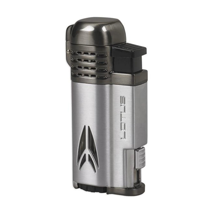 Lotus DEFIANT Twin Pinpoint Lighter with Punch - Chrome Satin W/ Gunmetal