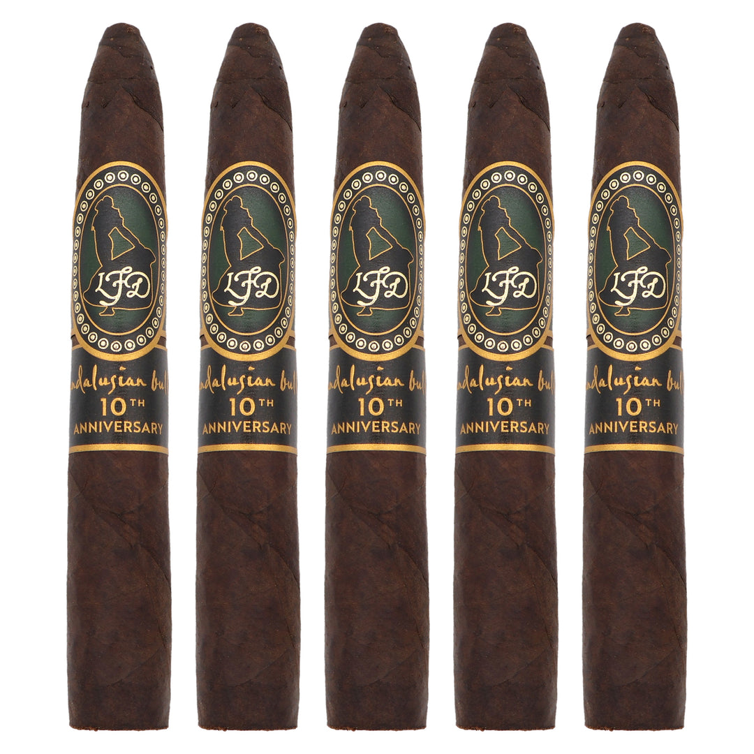Five La Flor Dominicana Andalusian Bull 10th Anniversary Maduro cigars, 6.5 × 52/64, lined up side by side