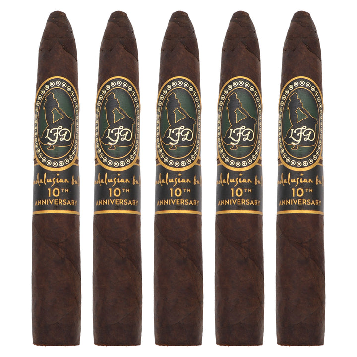 Five La Flor Dominicana Andalusian Bull 10th Anniversary Maduro cigars, 6.5 × 52/64, lined up side by side