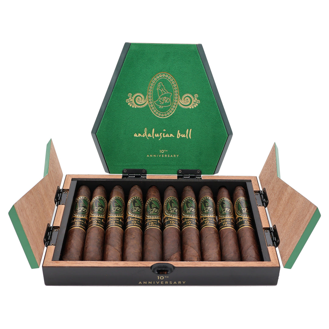 Open box of 10 La Flor Dominicana Andalusian Bull 10th Anniversary Maduro cigars