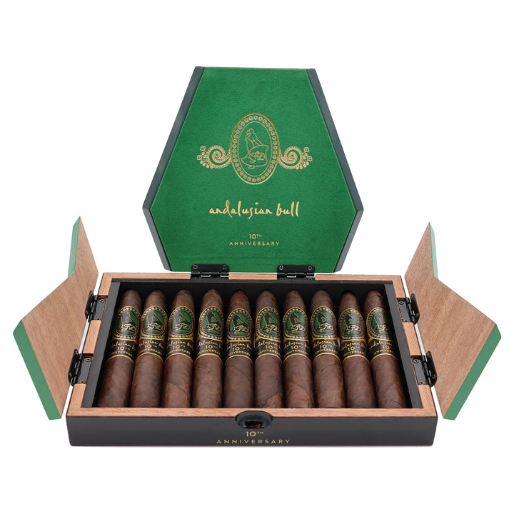 Open box of 10 La Flor Dominicana Andalusian Bull 10th Anniversary Maduro cigars