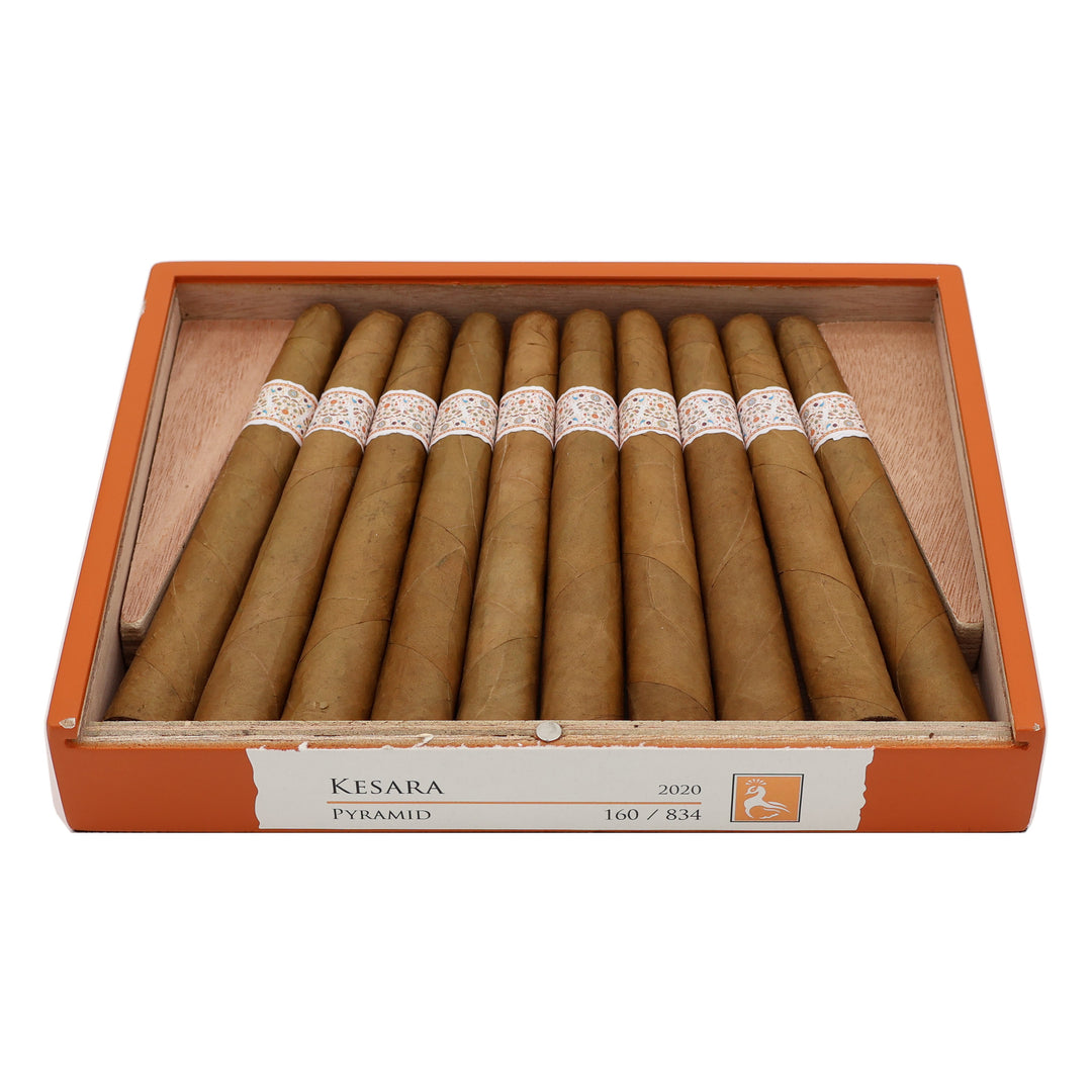Open box of MBombay Kesara Pyramid premium cigars showing the full presentation and cigars inside.