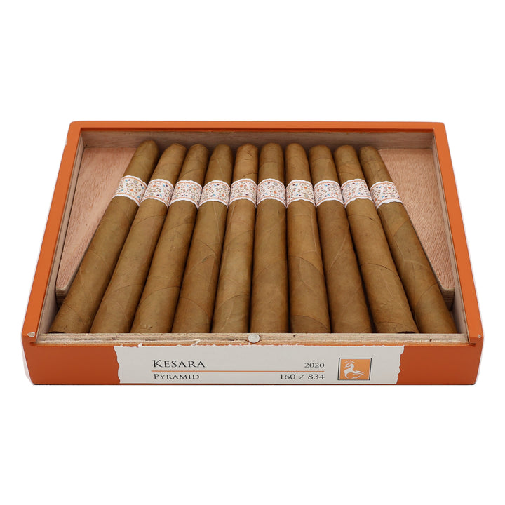 Open box of MBombay Kesara Pyramid premium cigars showing the full presentation and cigars inside.