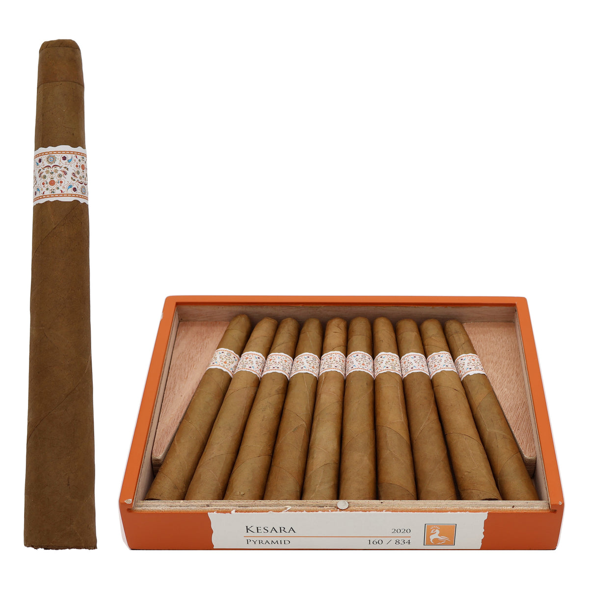 MBombay Kesara Pyramid premium cigars in an open box with a single cigar displayed beside the box.