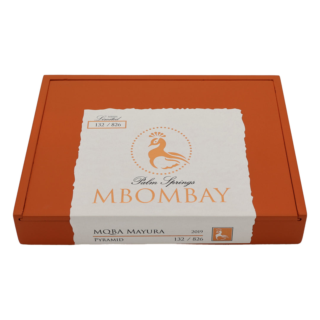 Closed box of MBombay MQBA Mayura Pyramid premium cigars with original branded packaging.