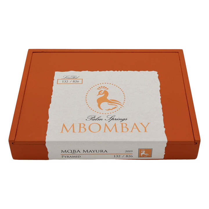 Closed box of MBombay MQBA Mayura Pyramid premium cigars with original branded packaging.