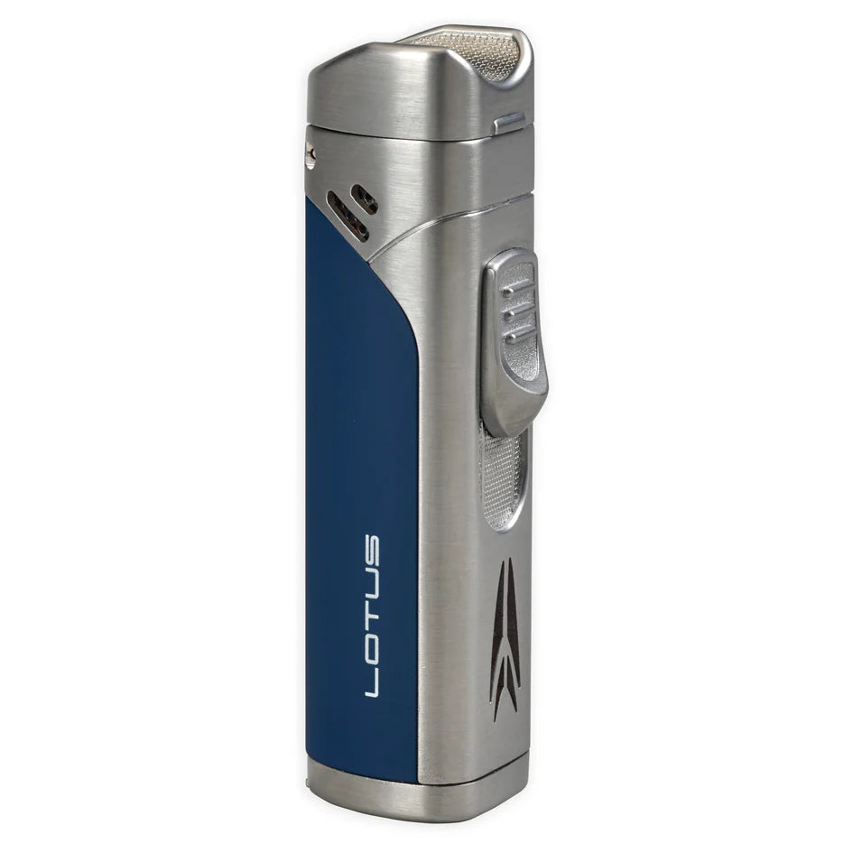 Lotus MONARCH Quad Flame Lighter W/ Cigar Rest & Punch - Chrome & Blue