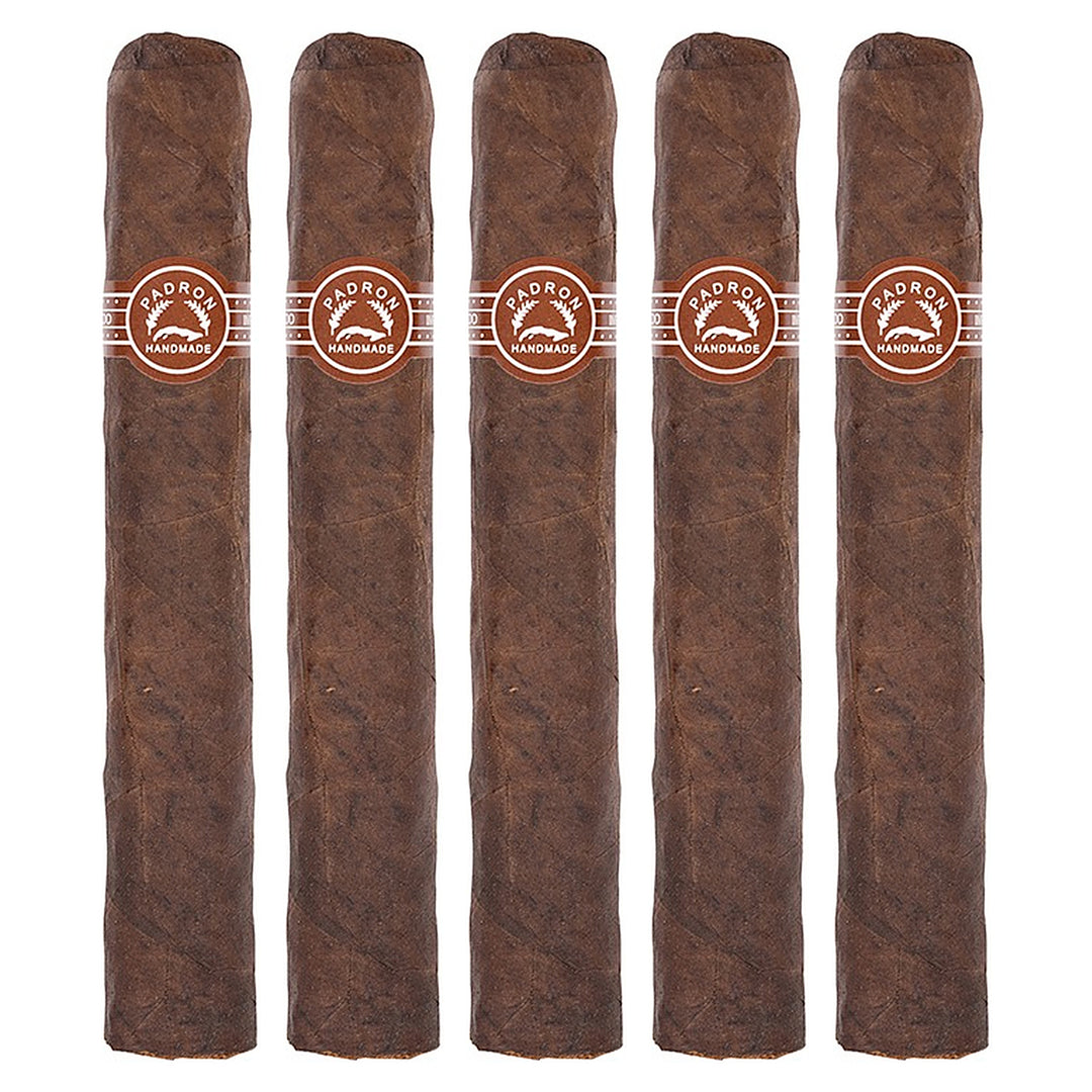 Five Padron 2000 Maduro cigars, 5 × 50, lined up side by side