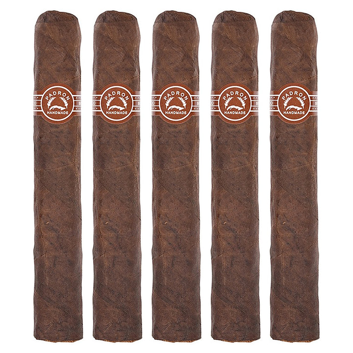 Five Padron 2000 Maduro cigars, 5 × 50, lined up side by side