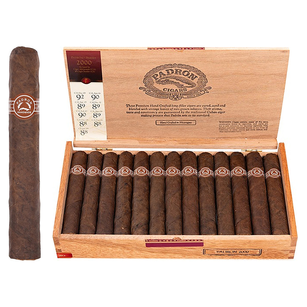 Padron 2000 Maduro cigar, 5 × 50, with Nicaraguan maduro wrapper, beside its open box of 26