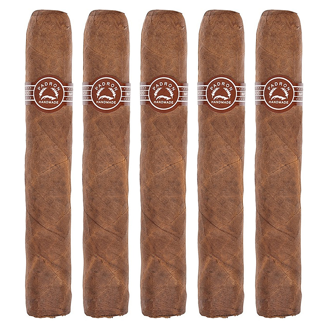 Five Padron 2000 Natural cigars, 5 × 50, lined up side by side