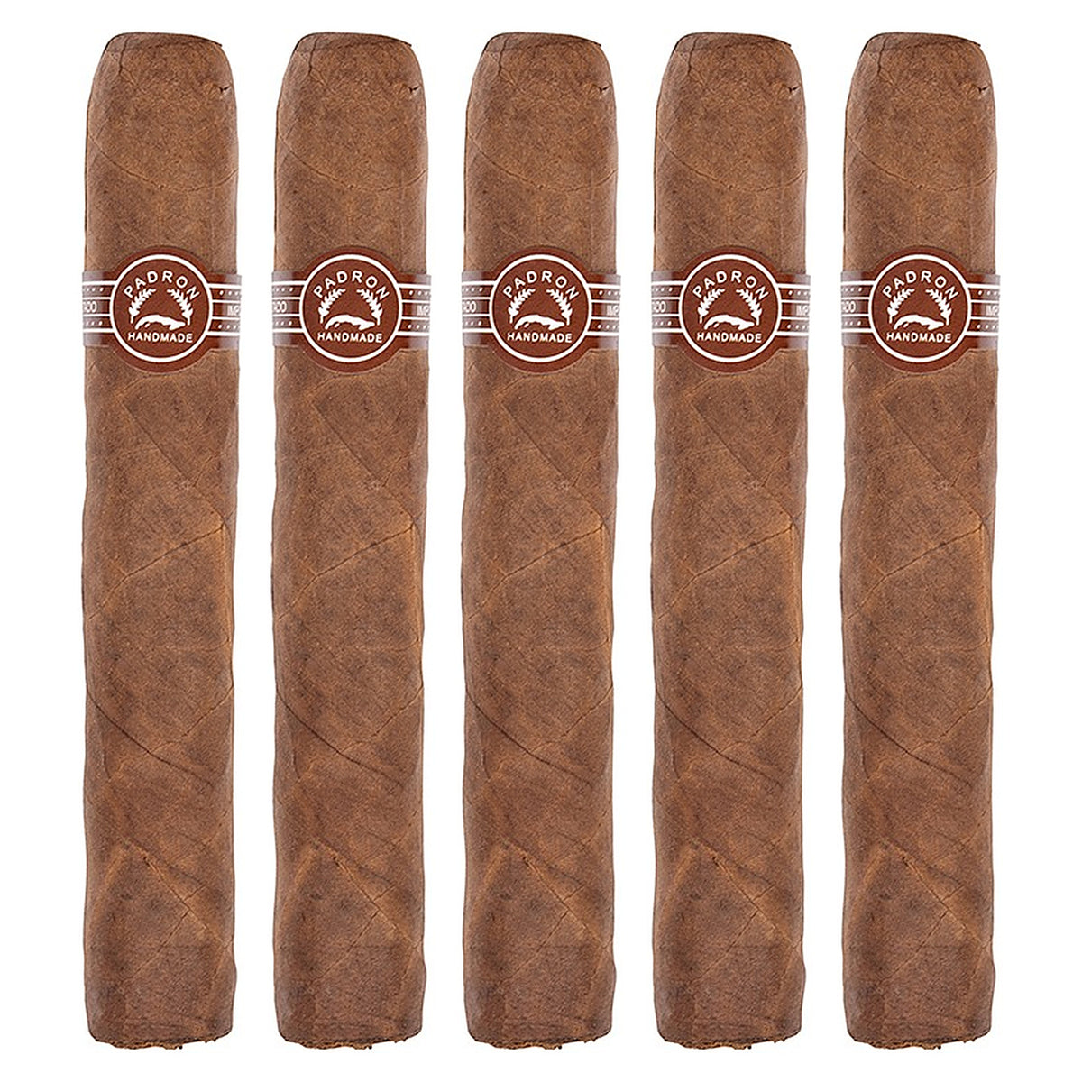 Five Padron 2000 Natural cigars, 5 × 50, lined up side by side