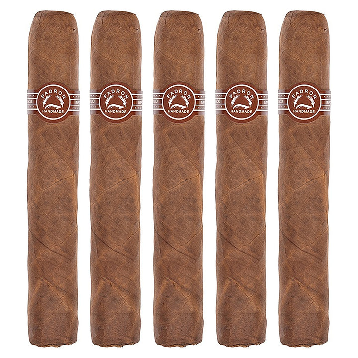 Five Padron 2000 Natural cigars, 5 × 50, lined up side by side