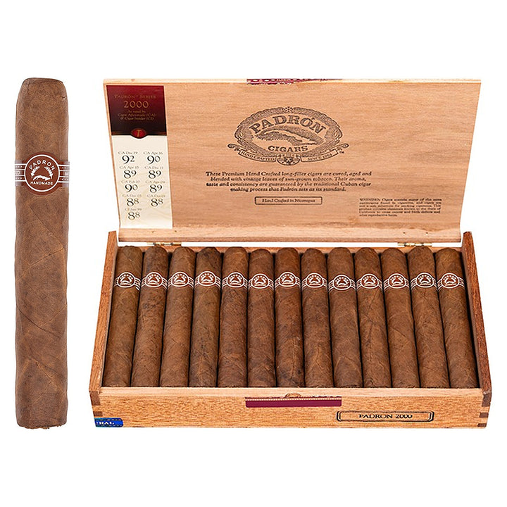 Padron 2000 Natural cigar, 5 × 50, with Nicaraguan natural wrapper, beside its open box of 26