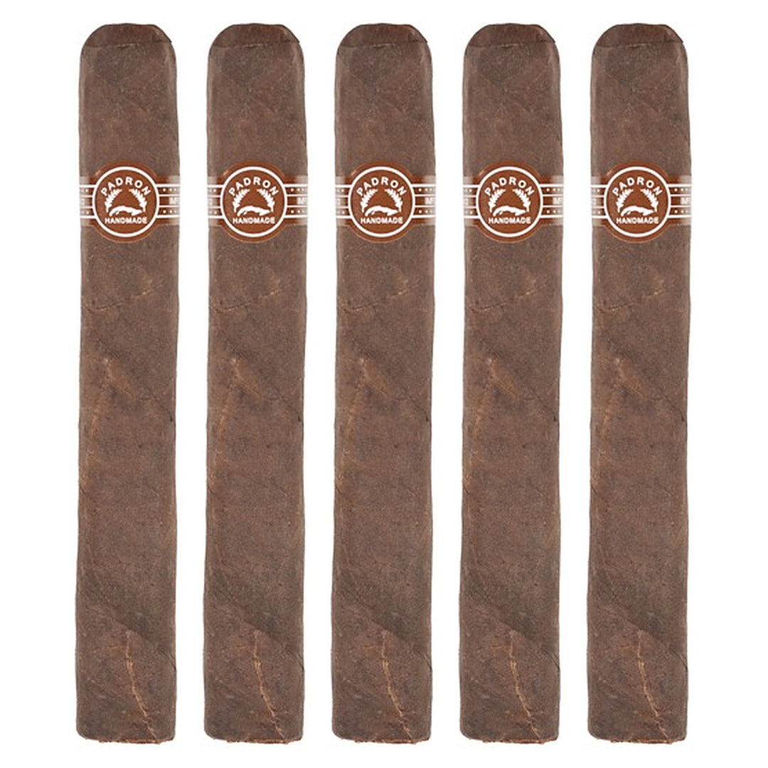 Five Padron 3000 Maduro cigars, 5.5 × 52, lined up side by side