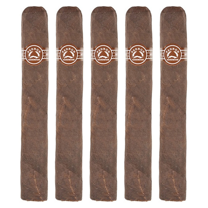 Five Padron 3000 Maduro cigars, 5.5 × 52, lined up side by side