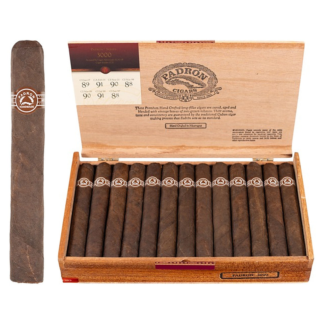 Padron 3000 Maduro cigar, 5.5 × 52, with Nicaraguan maduro wrapper, beside its open box of 26