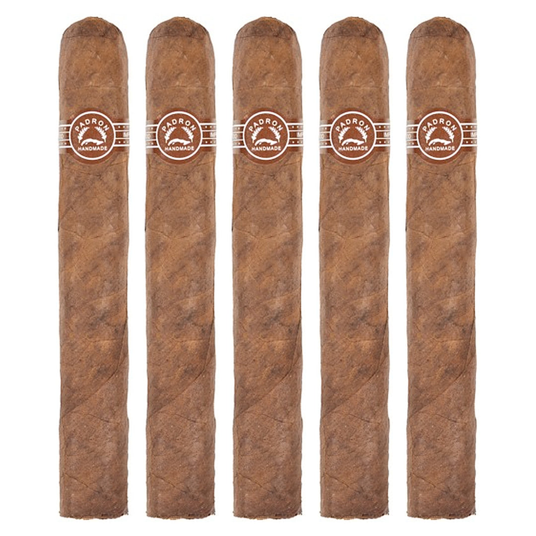 Five Padron 3000 Natural cigars, 5.5 × 52, lined up side by side